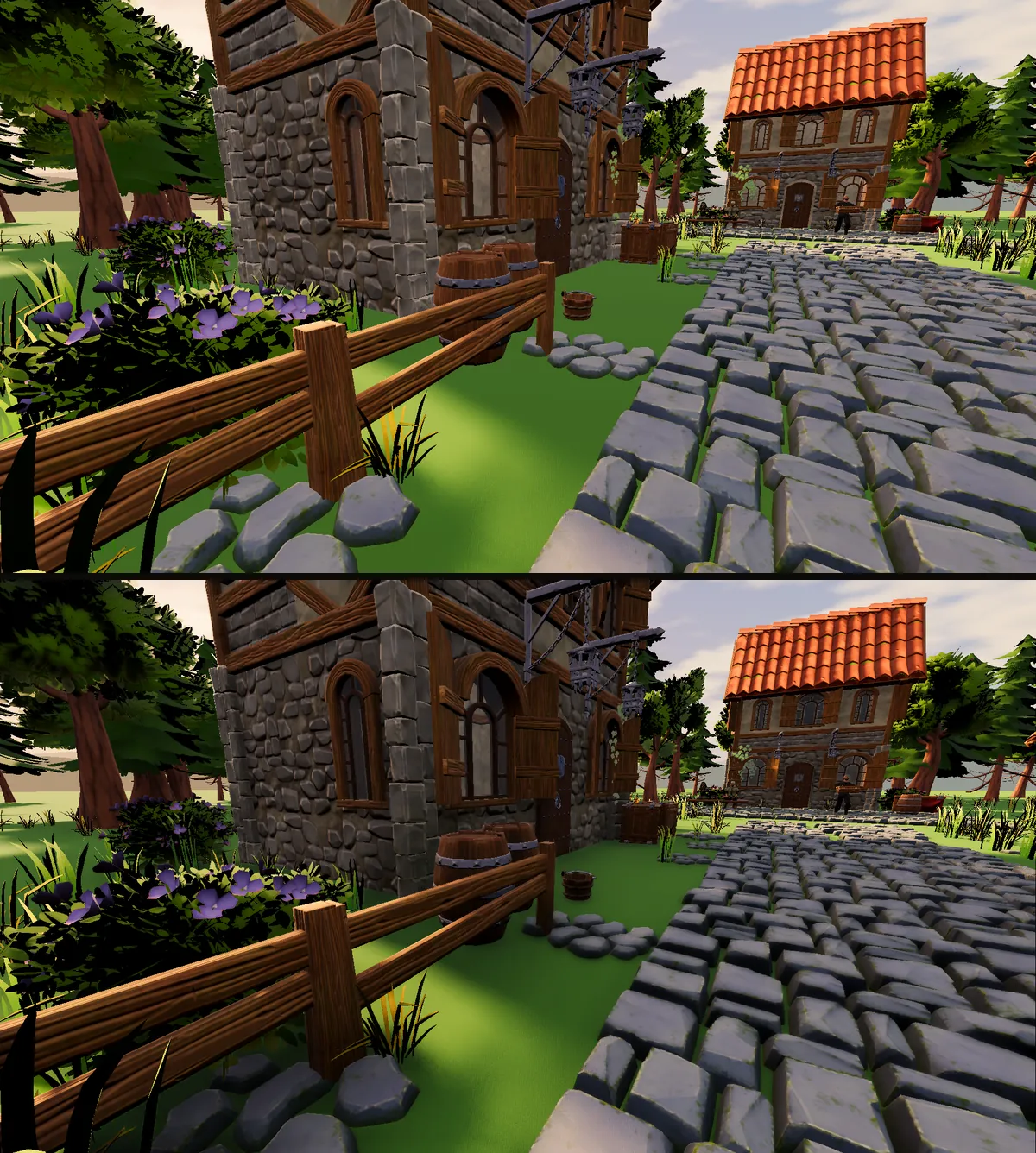 Barrels and cobblestones before and after ambient occlusion. Below, the gaps between stones and the bottoms of the barrels are darker.