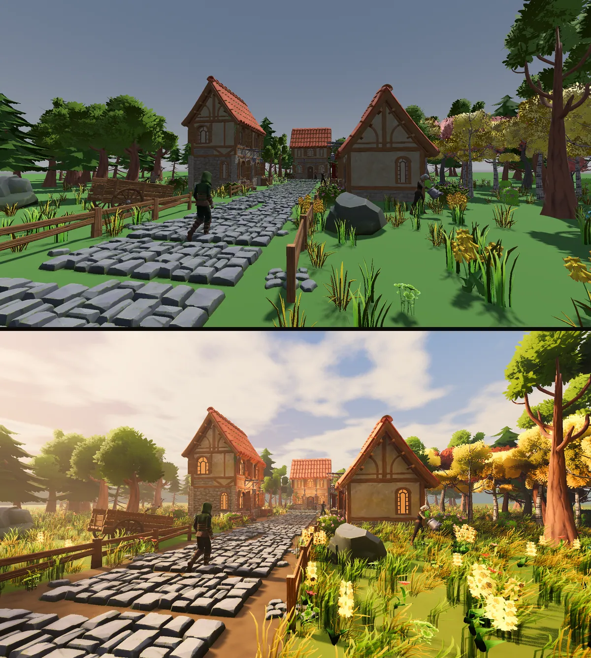 The same Godot village twice. Above, flat green ground, a grey sky and evenly lit houses. Below, a low warm sun, a blue sky with clouds, soft haze and glowing lantern light.