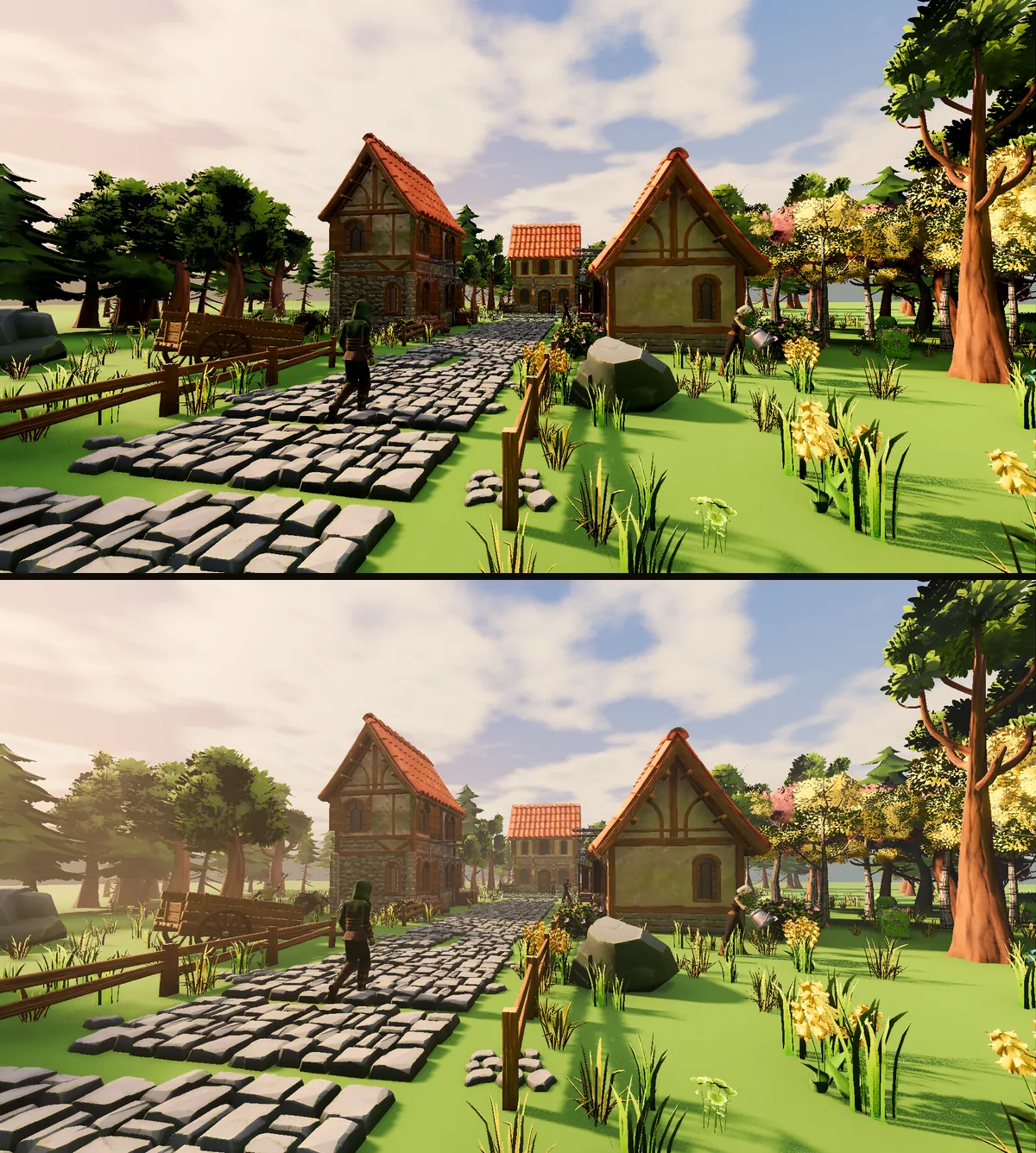 The village before and after adding fog. Below, the trees and houses in the distance are softer and paler, fading toward the sky.