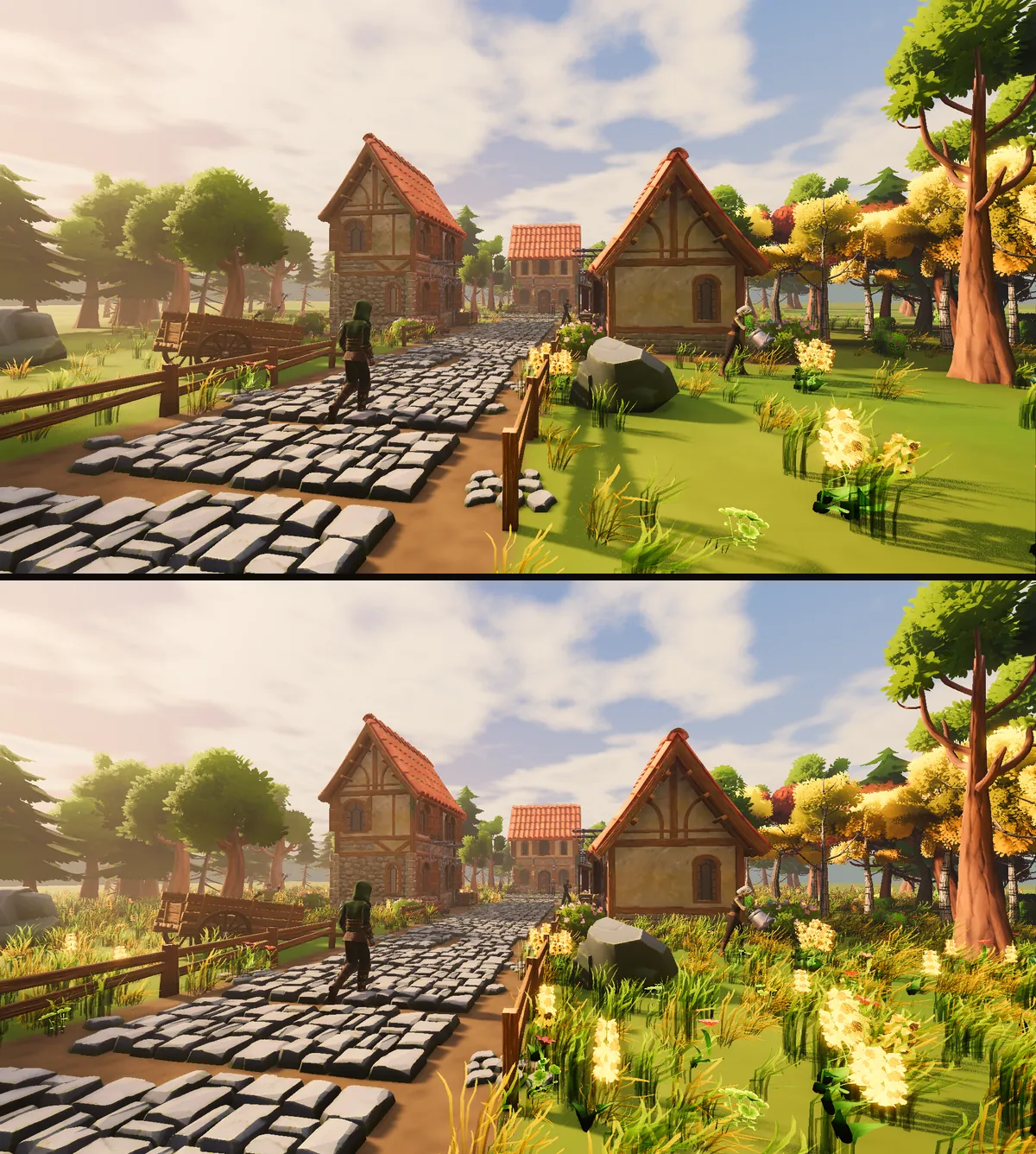 The village before and after adding the grass field. Below, thick grass and flowers fill the ground on both sides of the lane.