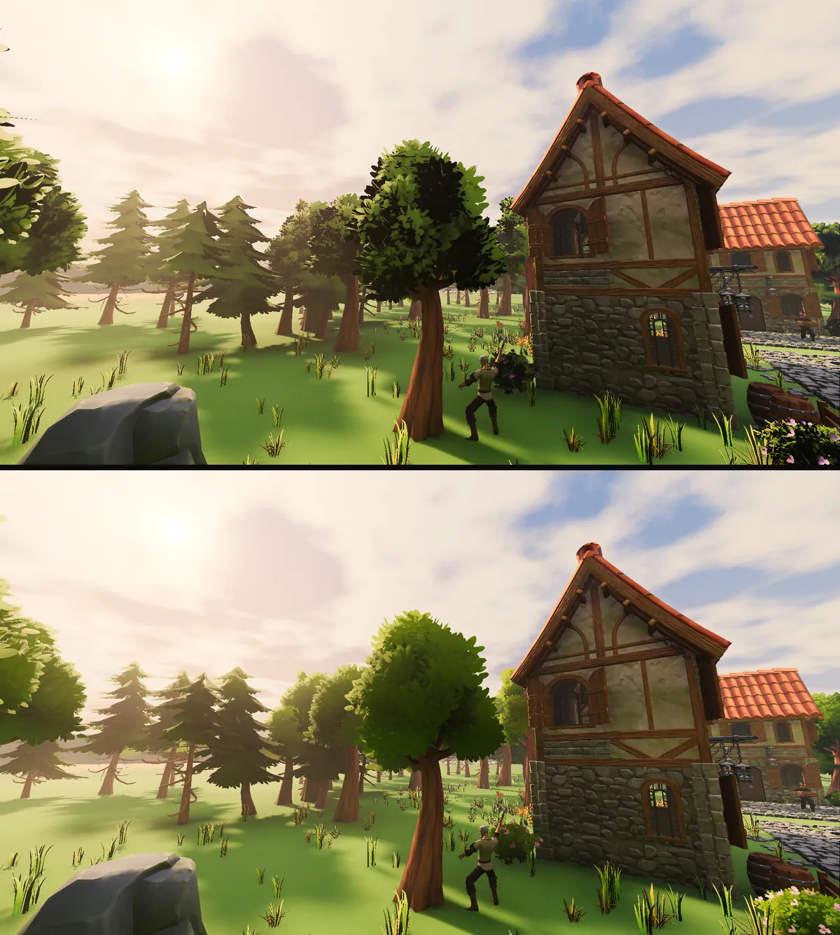 A tree before and after the foliage shader. Above, the leaves are a patchwork of bright and dark spots. Below, the tree is lit like one rounded shape.