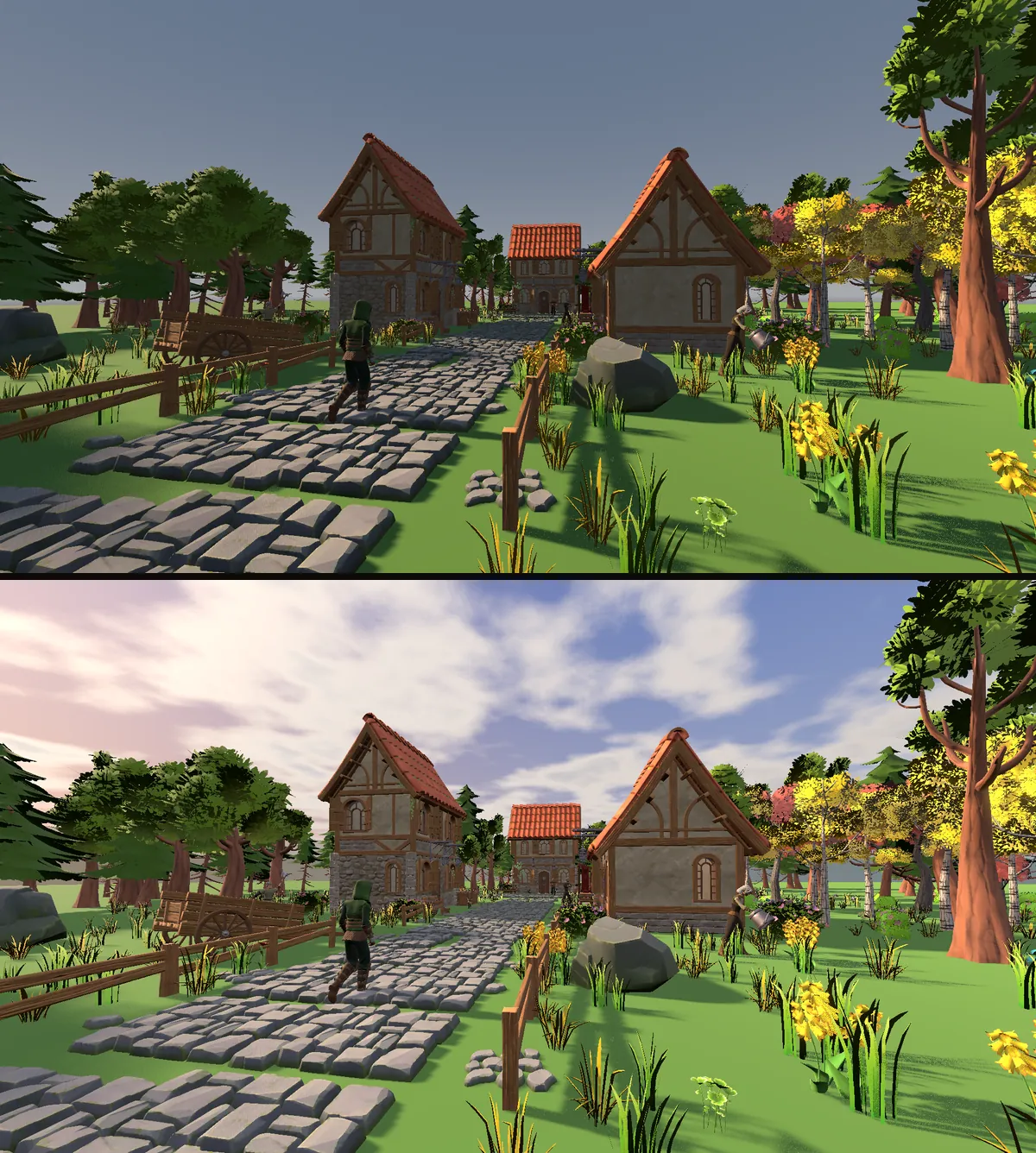 The village before and after the sky shader. Above, a grey sky and dark shadows. Below, a blue sky with clouds and shadows tinted a soft blue.