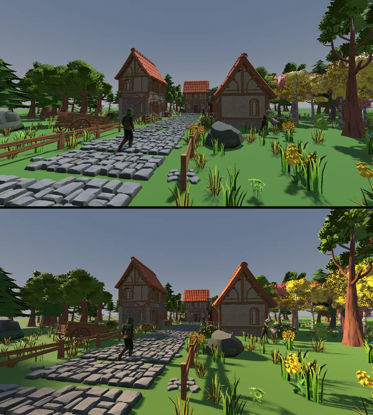 The village before and after moving the sun. Above, the houses are evenly lit with short shadows. Below, one side of each house is lit and long shadows cross the cobbled lane.