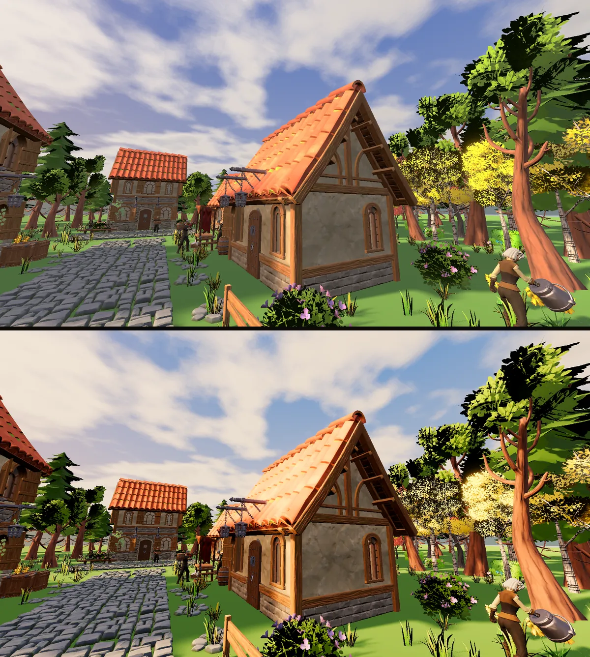 A close view of a house roof before and after changing the tonemapper. Above, the sunlit roof tiles are a flat bright orange. Below, the tiles keep their shading.