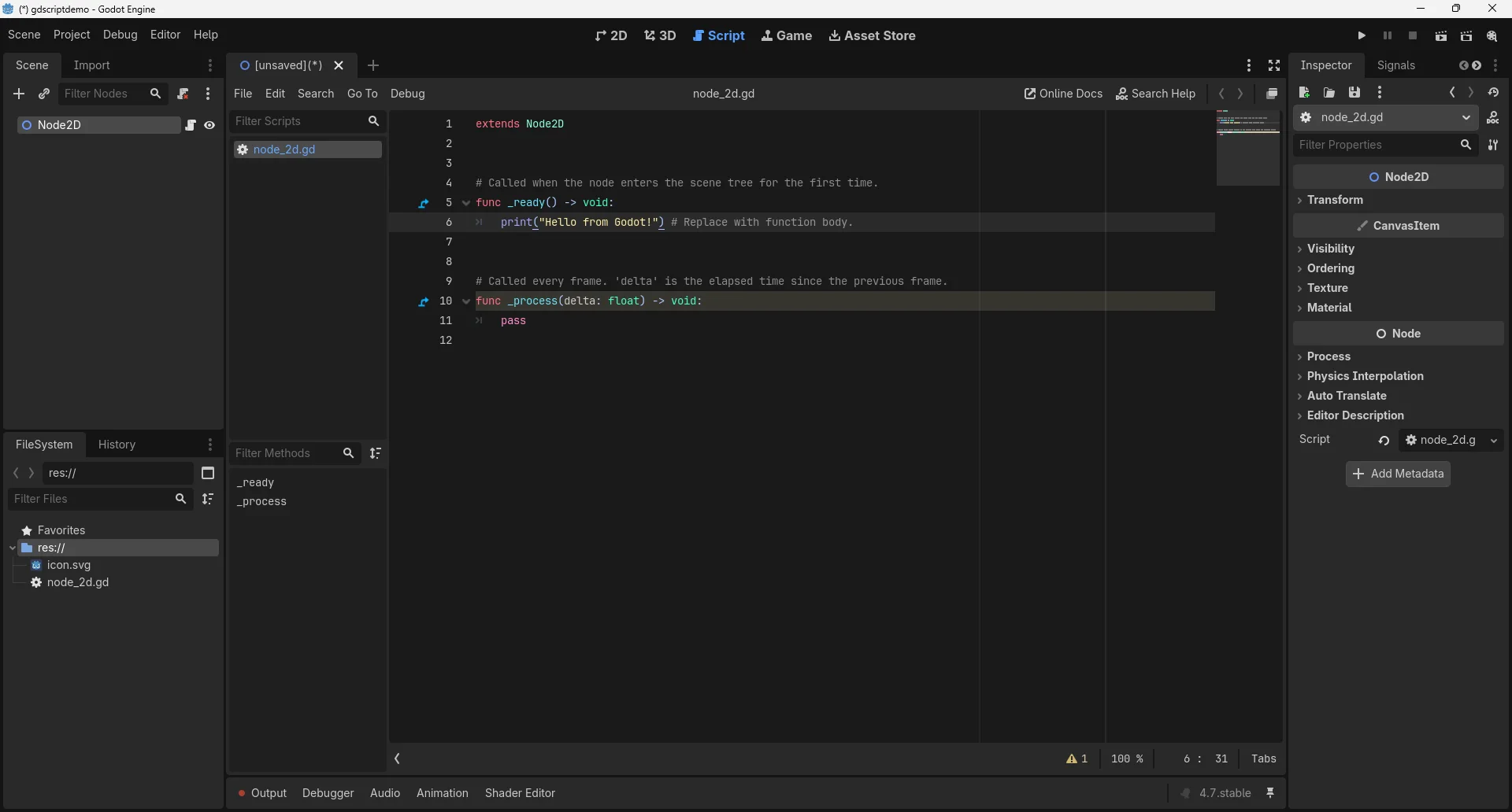 Real GDScript you write yourself, line by line.