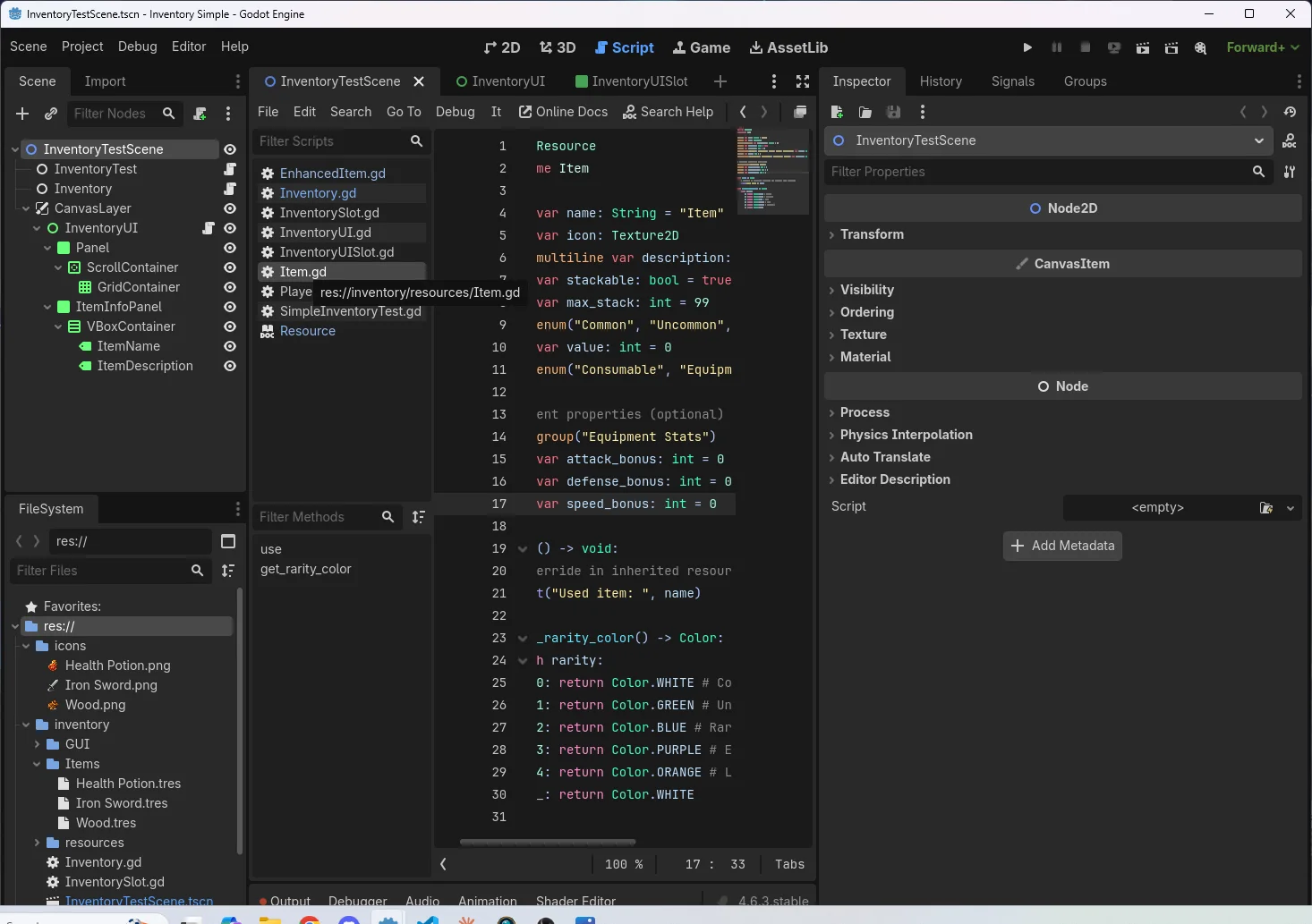 The Item.gd script written in a lesson, open in the real Godot editor