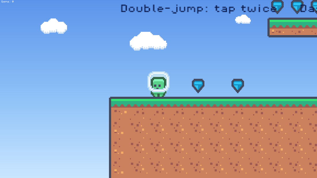 Your finished platformer, running: HUD, gems, tiles, sky.