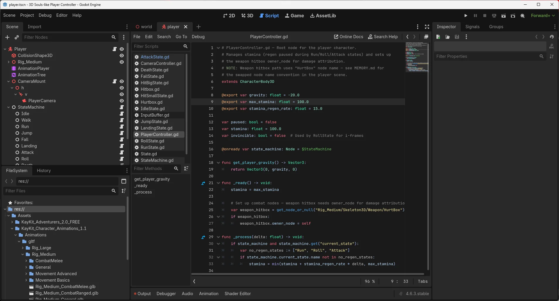 Real GDScript you write yourself, line by line.