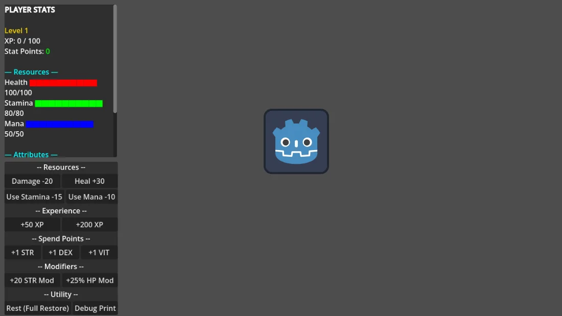 Live stats and leveling running in Godot.